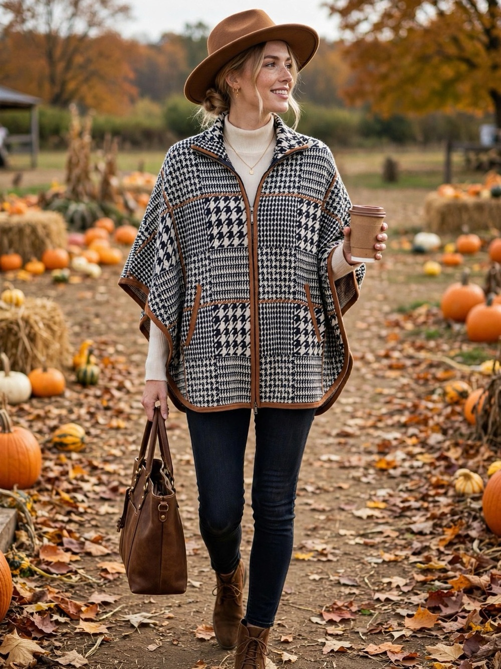 Bylyse Spenard Houndstooth Patchwork Zip Poncho Cape Brown Trim | Size S/M